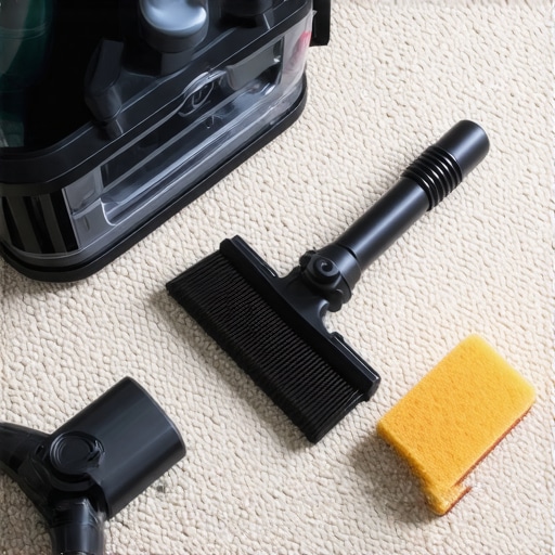 Professional tools for maintaining new carpet including a vacuum and carpet rake.
