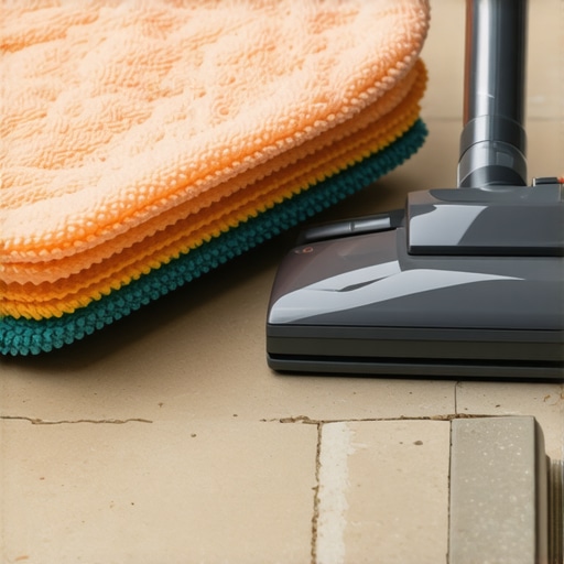 Close-up of a HEPA vacuum filter and a stack of clean microfiber pads on a tile floor.