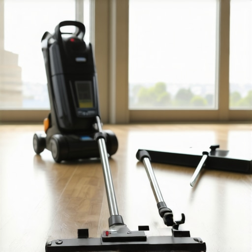 A HEPA vacuum and squeegee on a clean floor illustrating professional home maintenance tools.