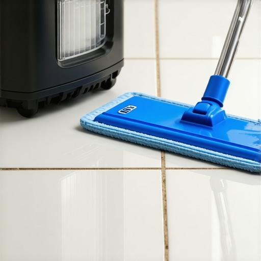 A collection of cleaning tools including a HEPA vacuum and microfiber mop on clean tile