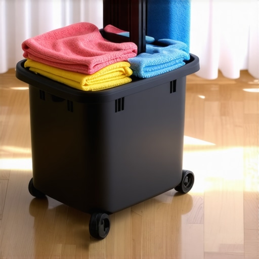 A pro cleaning caddy with HEPA vacuum tools and microfiber cloths on a clean floor.
