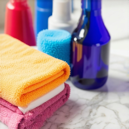 A well-organized cleaning caddy with professional tools on a shiny marble surface.