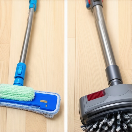 Professional cleaning tools including microfiber mops and vacuum maintenance.