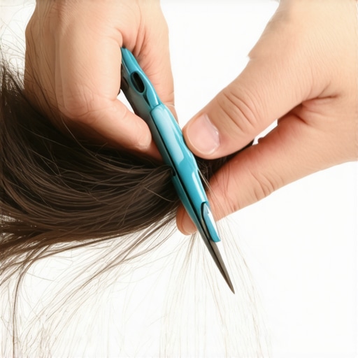 Hands cutting tangled hair off a vacuum brush roll with a small cutting tool.