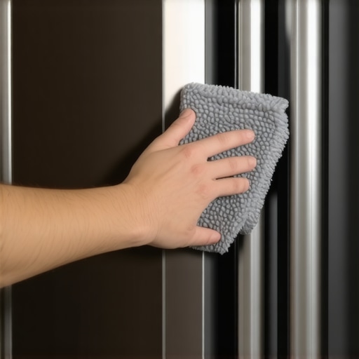 Close-up of a microfiber cloth being used to buff a stainless steel fridge