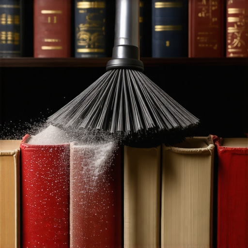 Close up of vacuuming dust from the top of book spines on a library shelf