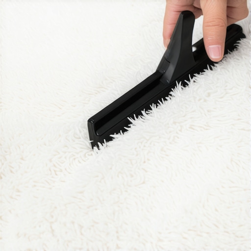 Hand scraping a rubber squeegee across a deep-pile carpet to remove pet hair.