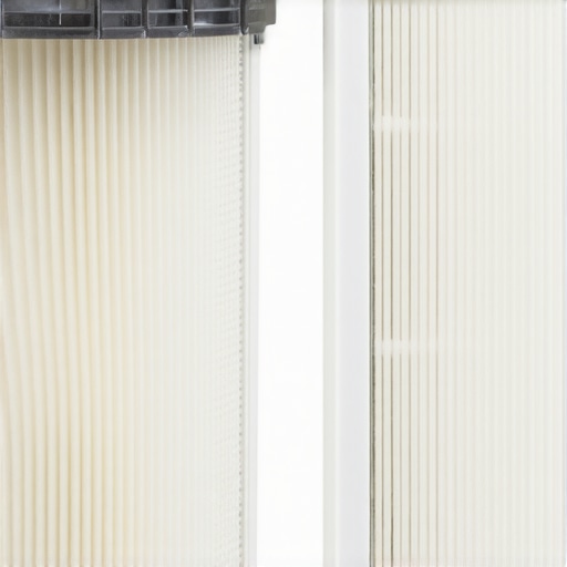 A comparison between a clean HEPA filter and one clogged with fine construction dust.