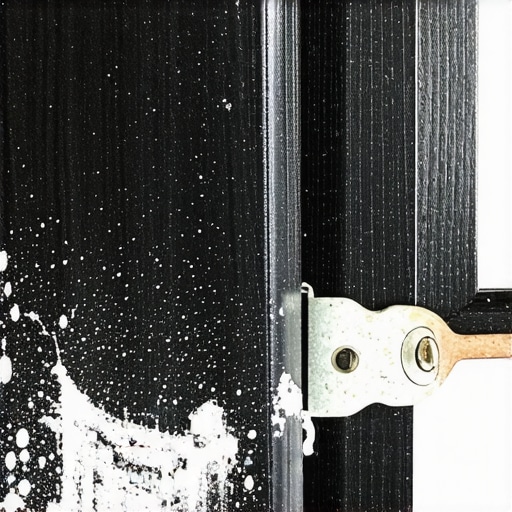 Close up of drywall and saw dust inside a metal cabinet hinge after home renovation