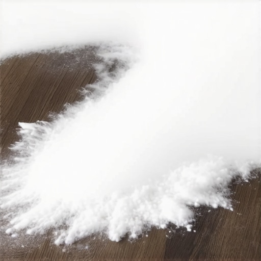 Close-up of a finger swipe through fine white construction dust on a dark wood surface.