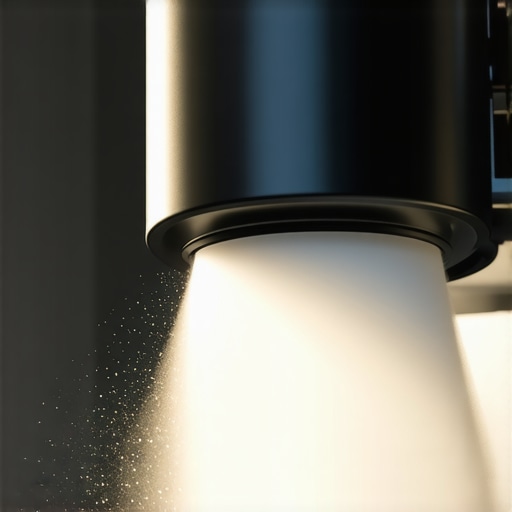 High-detail photo of construction dust blowing out of a vacuum cleaner exhaust