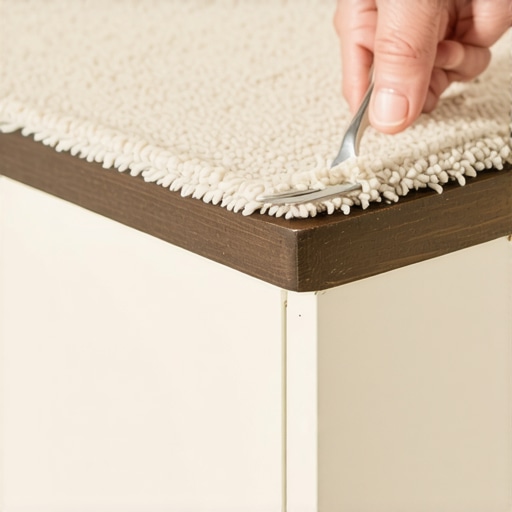 Close up of a hand using a fork to lift a furniture dent in a plush carpet.