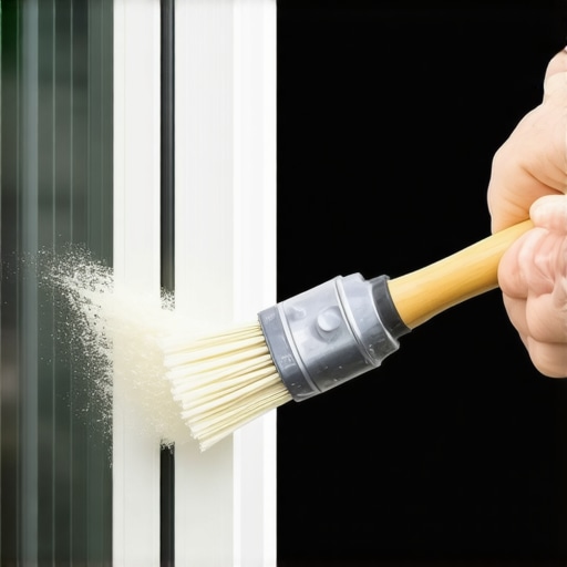 Close up of a black foam craft brush cleaning fine dust from a white sliding window track.