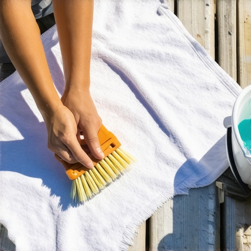 Cleaning a window screen with a soft brush and soapy water on a flat table to prevent mesh damage.