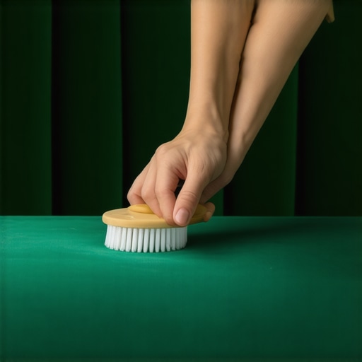 A person using a soft-bristled brush to clean and restore the pile of a green velvet sofa cushion.