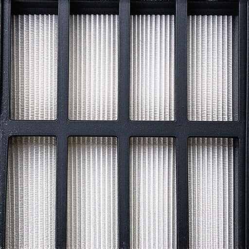 A close-up shot of a HEPA filter filled with fine white renovation dust particles.
