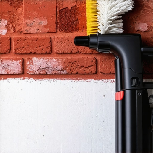 Close-up of a HEPA vacuum brush removing fine red brick dust from a textured white wall.