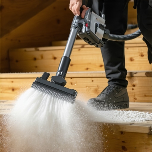 Close-up of HEPA vacuum cleaning sawdust from raw wood stairs.