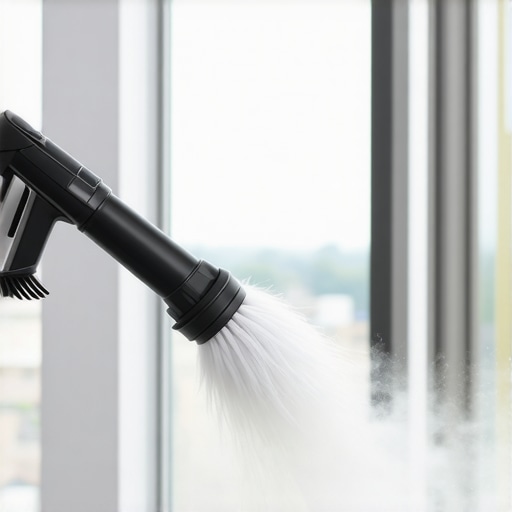 Close-up of HEPA vacuum brush removing drywall dust from window mesh.