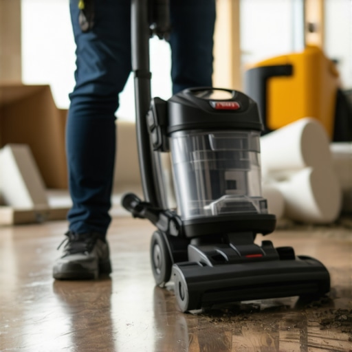 A person using a high-efficiency vacuum to clear fine drywall dust from a wooden floor after home renovations.