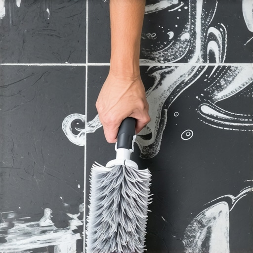 A person cleaning grout haze off textured stone tile using a nylon brush and cleaning solution.