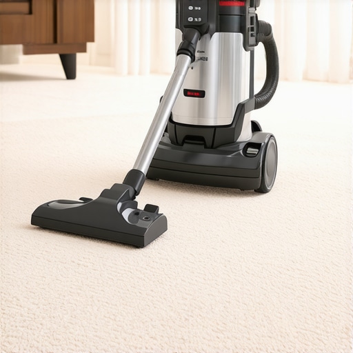 High-Performance HEPA Vacuum in Action Professional HEPA vacuum cleaner being used for deep carpet maintenance in a home.