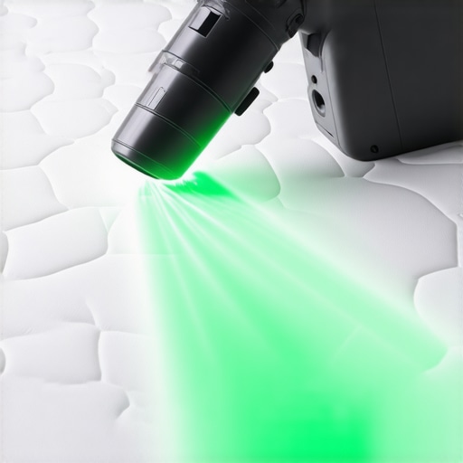 A handheld vacuum using laser light to reveal dust on a mattress surface for deep cleaning.
