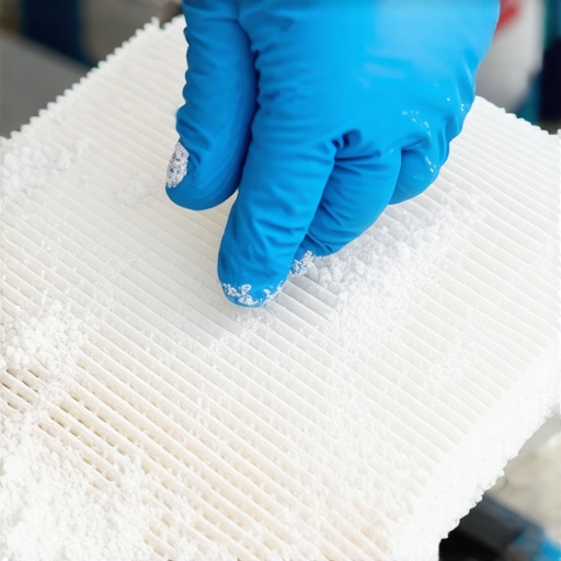 Close-up of a vacuum HEPA filter showing fine construction dust particles trapped in the fibers.
