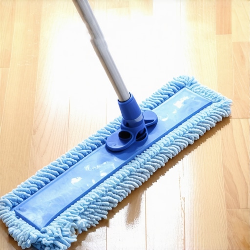 Close-up of a microfiber mop cleaning a shiny hardwood floor without leaving streaks