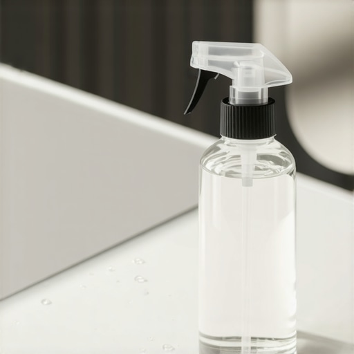 Homemade Natural Mold Inhibitor Spray A spray bottle containing a DIY vinegar and essential oil mold inhibitor on bathroom tiles.