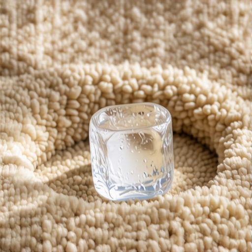 A single ice cube placed in a carpet furniture dent to restore the rug pile.