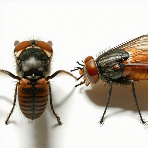 Comparison of a Phorid fly and a Fruit fly on a kitchen counter.