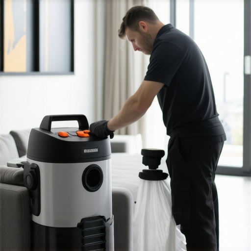 A high-end industrial vacuum used for cleaning fine construction dust in a modern home.