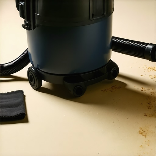 Close up of a professional industrial vacuum with a HEPA filter bag on a dusty renovation site.
