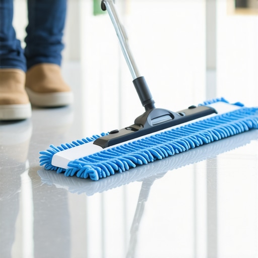 Close up of an industrial flat mop cleaning a high-gloss polished concrete floor