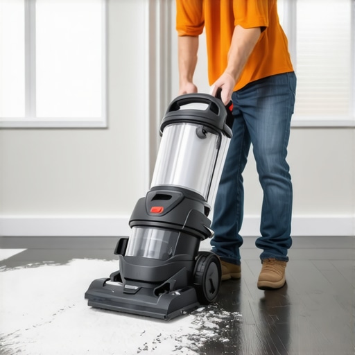 Industrial Vacuum for Construction Dust An industrial vacuum cleaner removing fine construction dust from a dark wood floor.