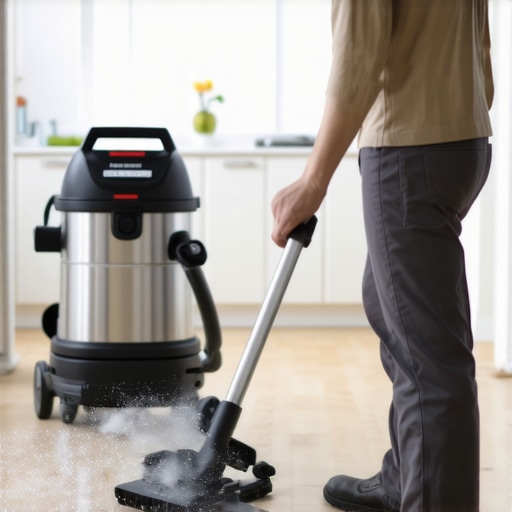 Industrial vacuum being used for post-construction cleanup in a modern home.