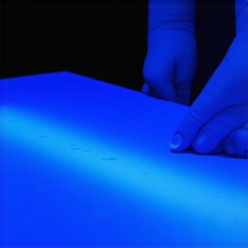 A blacklight reveals hidden bacteria and cleaning product residue on a kitchen counter.
