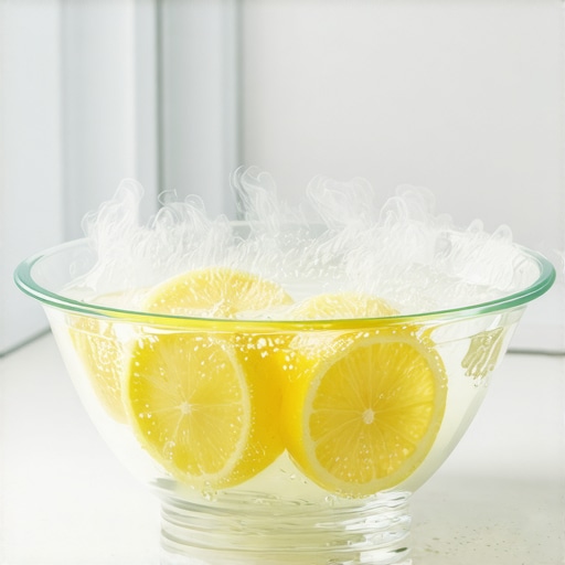 A glass bowl with lemon slices and water creating steam inside a microwave for easy cleaning.