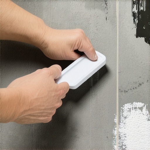 A person using a plastic scraper and warm cloth to remove paint from tile.