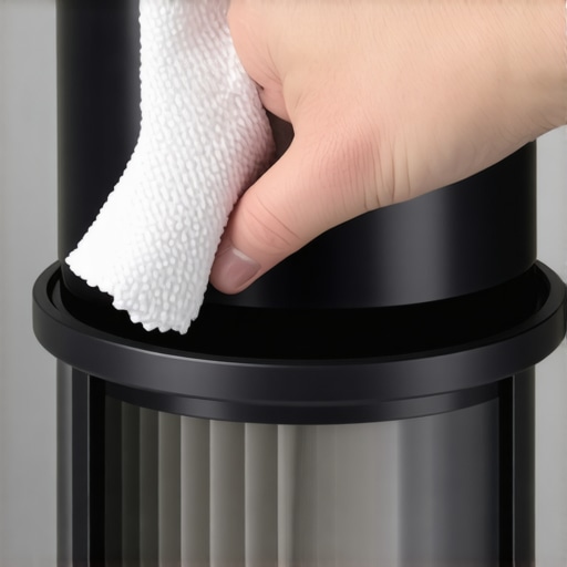 Hand cleaning a vacuum cleaner's rubber filter seal to prevent air leakage and dust bypass.