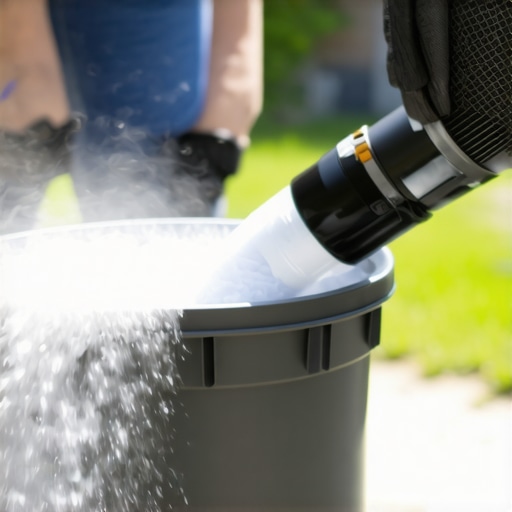 A person cleaning a dusty HEPA filter outdoors to maintain vacuum suction.