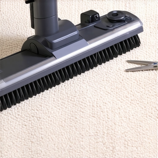 A person using scissors to cut away hair and fibers from a vacuum cleaner brush roll