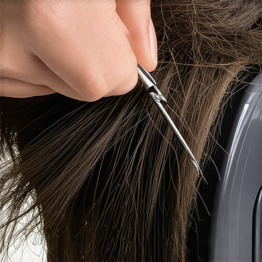 Close-up of hair being removed from a vacuum brush roll with scissors