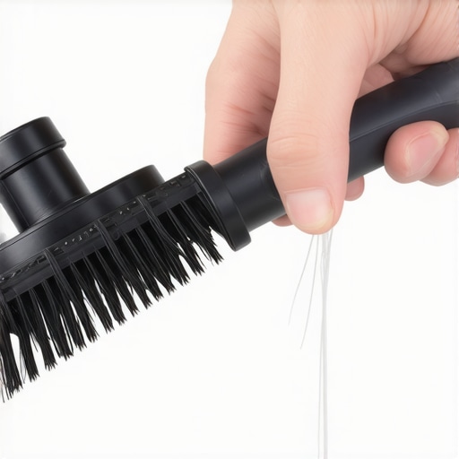 A hand using a tool to remove hair from a vacuum brush roll to restore suction.