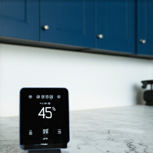 A hygrometer on a kitchen counter used to monitor humidity to reduce static electricity and construction dust.