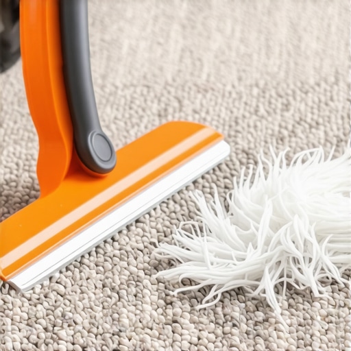 A person using a rubber squeegee tool to extract deep-seated pet hair from a grey carpet pile.