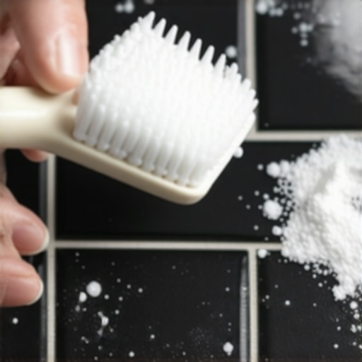 A detailed view of a person using a toothbrush and baking soda paste to clean dirty tile grout lines.