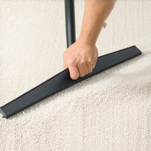 A person using a window squeegee to pull pet hair out of a deep pile carpet.