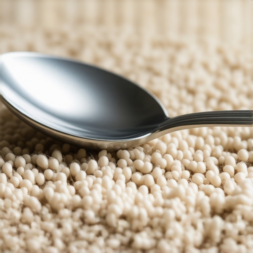 A spoon being used to lift crushed carpet fibers to restore texture.